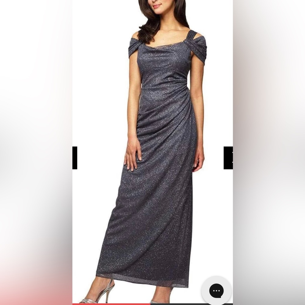 ALEX EVENING Cold Shoulder Glitter Mesh Dress , Draped Skirt,Neckline Sz14P NEW
